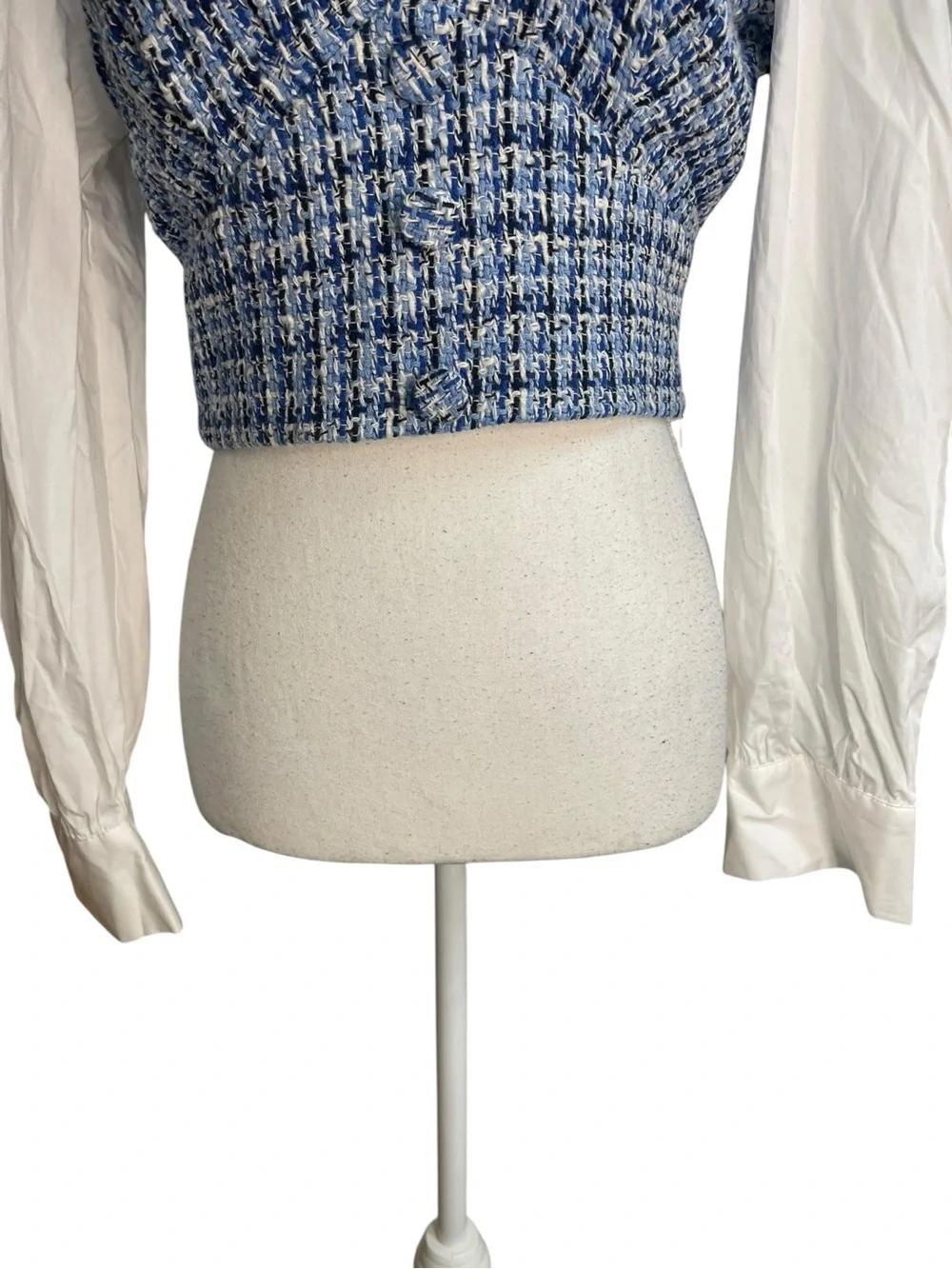 Zara Contrast Textured Tweed Cropped Blouse White Blue